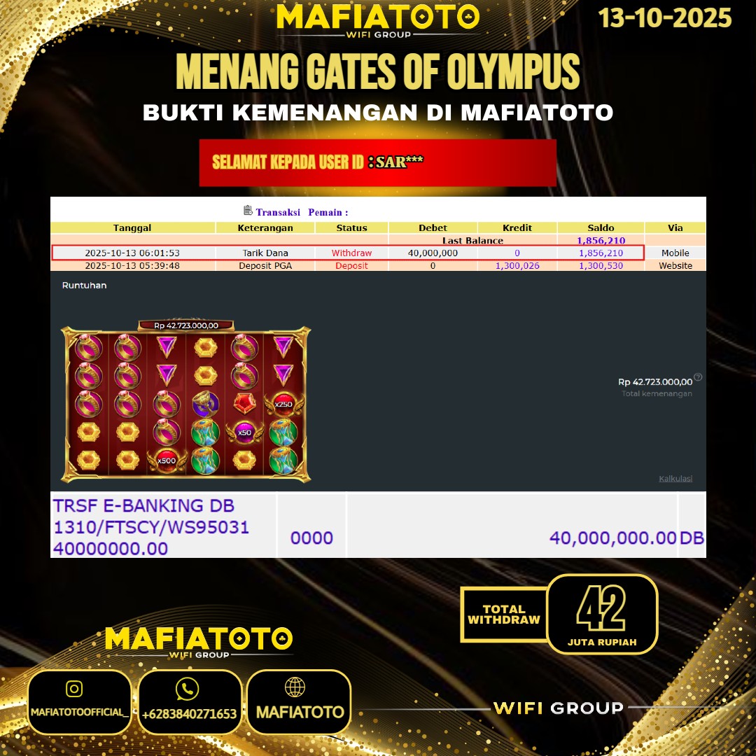 MAFIATOTO JACKPOT SLOT GATES OF OLYMPUS RP.42.000.000 - LUNAS ID : SAR***