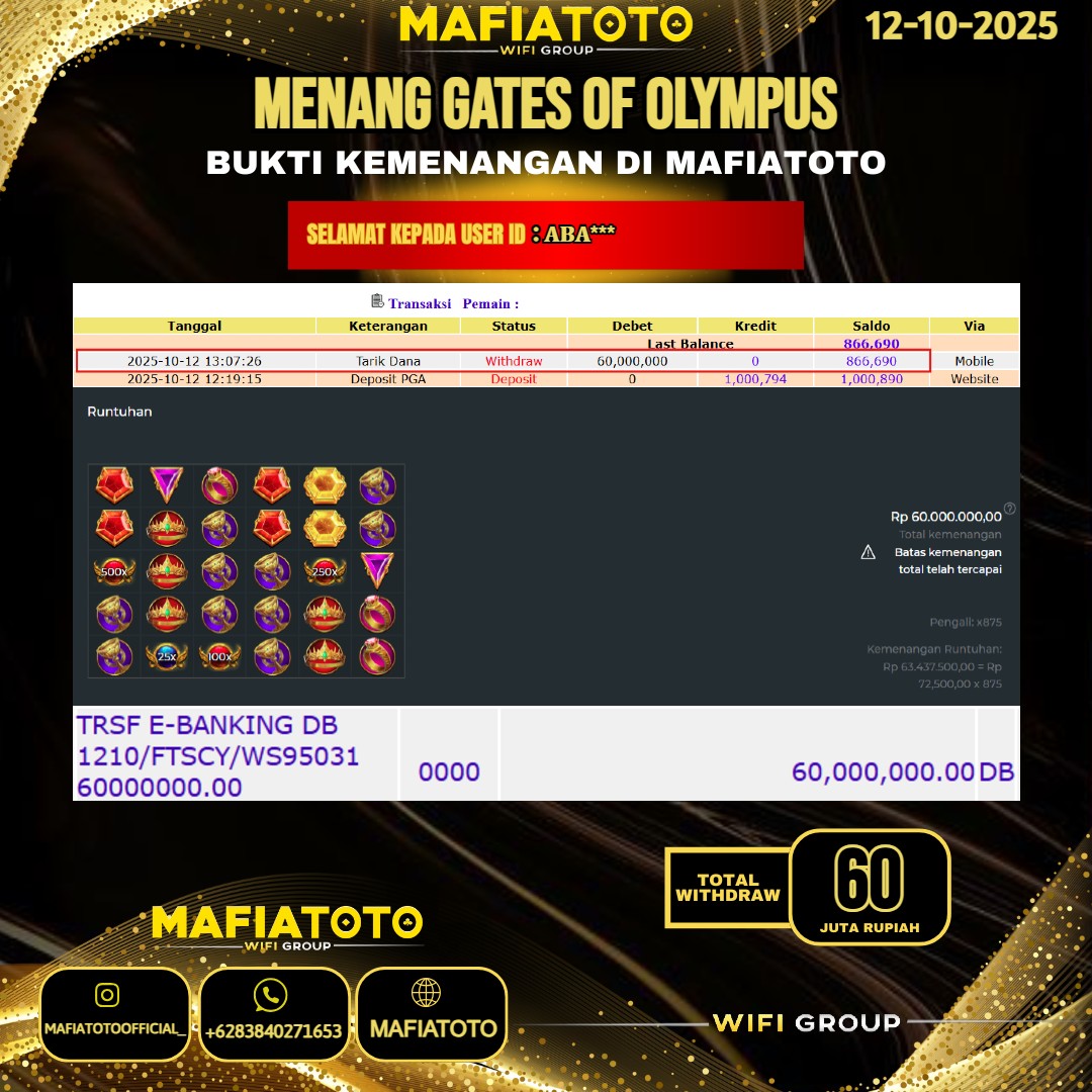 MAFIATOTO JACKPOT SLOT GATES OF OLYMPUS RP.60.000.000 - LUNAS ID : ABA***