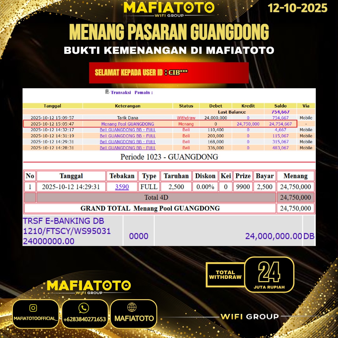 MAFIATOTO JACKPOT TOGEL PASARAN GUANGDONG RP.24.000.000 - LUNAS ID : CIB***