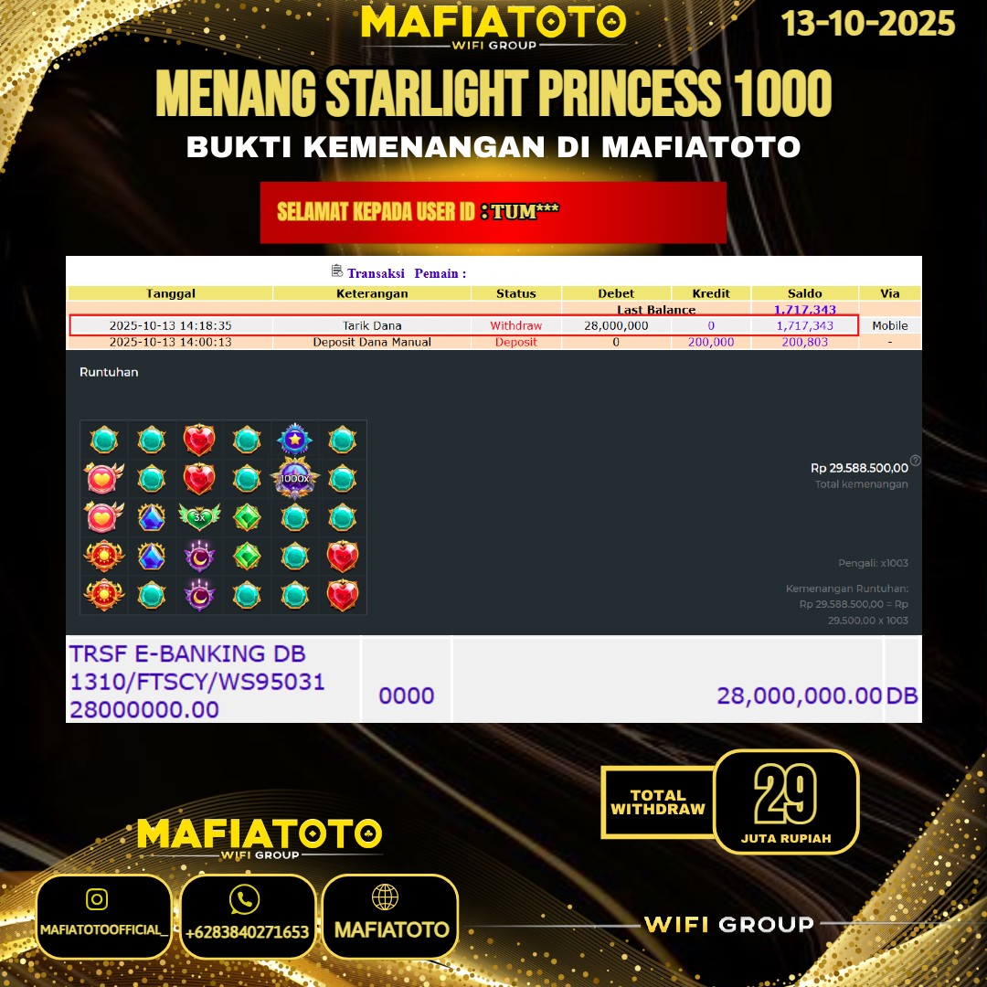 MAFIATOTO JACKPOT SLOT STARLIGHT PRINCESS 1000 RP.29.000.000 - LUNAS ID : TUM***