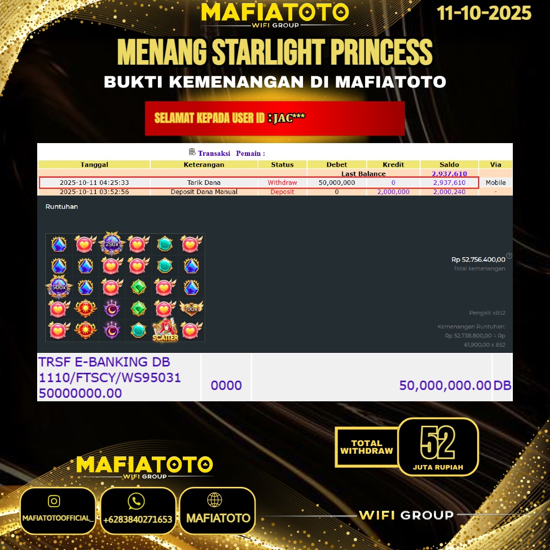 MAFIATOTO JACKPOT SLOT STARLIGHT PRINCESS RP.52.000.000 - LUNAS ID : JAC***