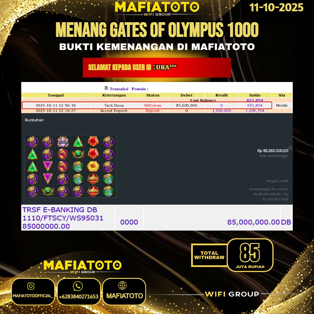 MAFIATOTO JACKPOT SLOT GATES OF OLYMPUS 1000 RP.85.000.000 - LUNAS ID : URA***
