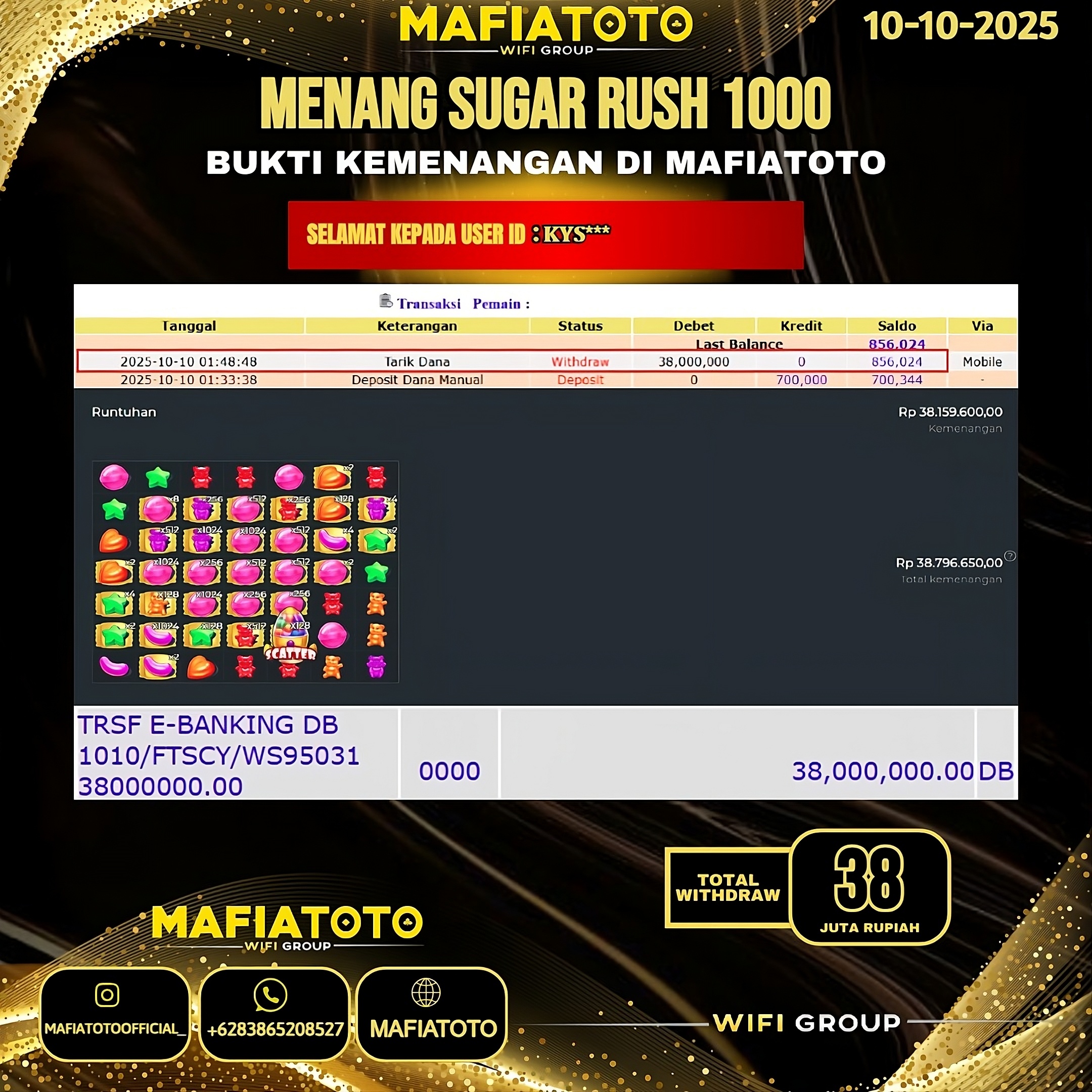 MAFIATOTO JACKPOT SLOT SUGAR RUSH 1000 RP.38.000.000 - LUNAS ID : KYS***