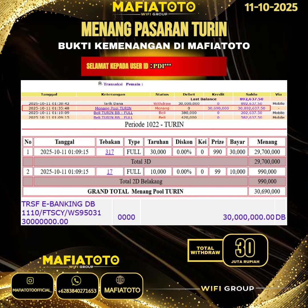 MAFIATOTO JACKPOT TOGEL PASARAN TURIN RP.30.000.000 - LUNAS ID : PDI***