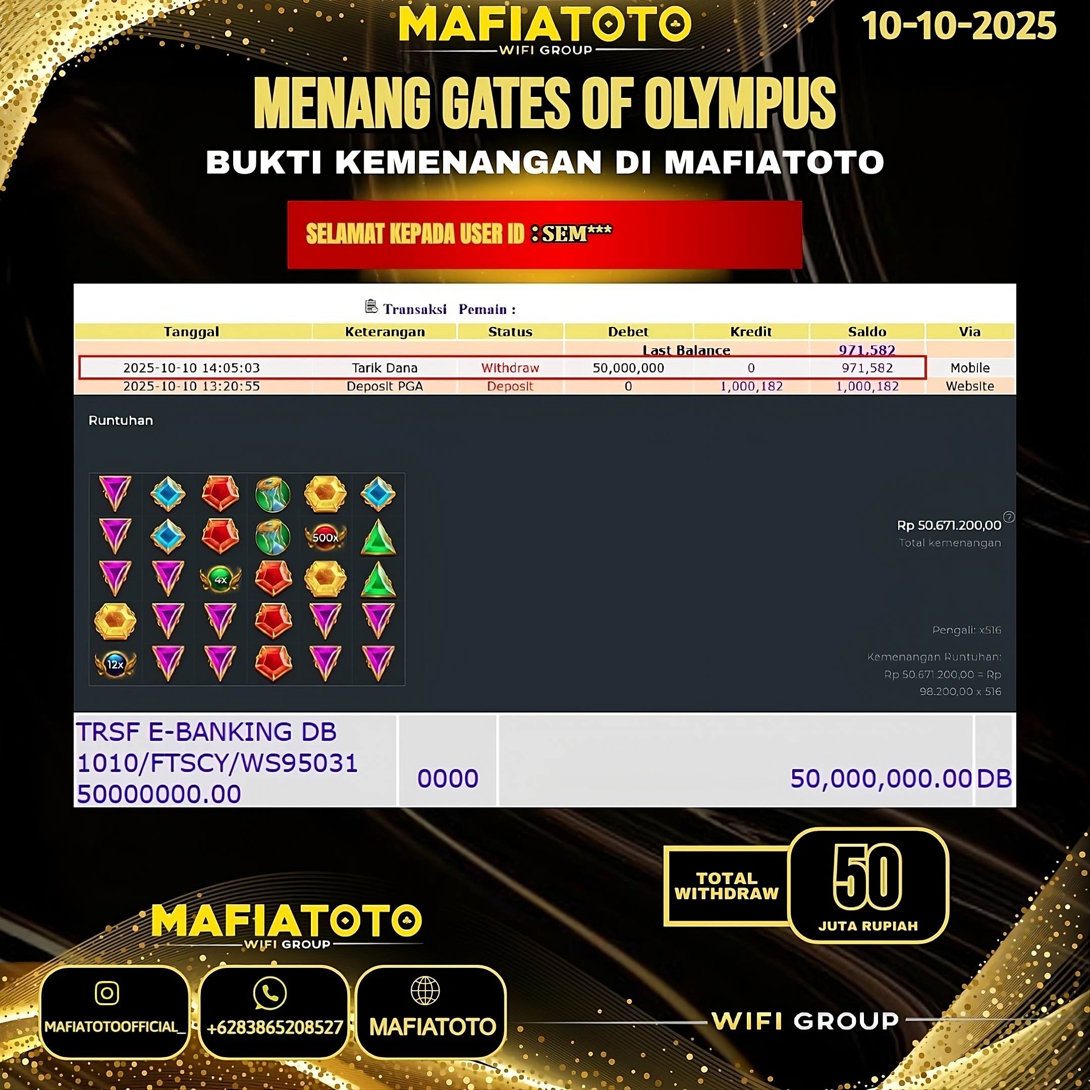 MAFIATOTO JACKPOT SLOT GATES OF OLYMPUS RP.50.000.000 - LUNAS ID : SEM***